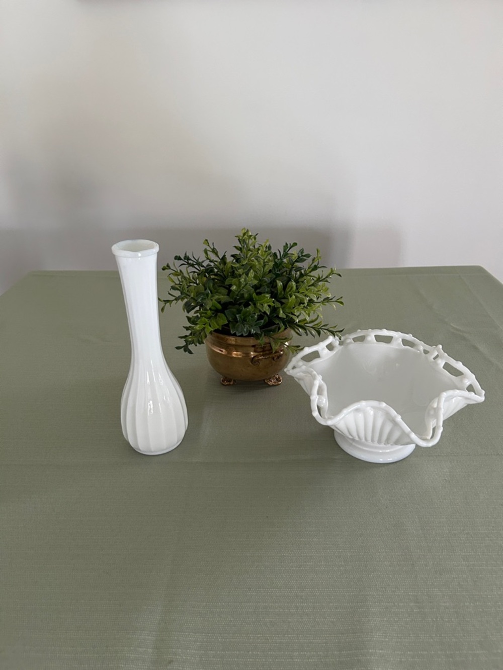 White Milk Glass Vase and Ruffled Bowl Set measurements in pics